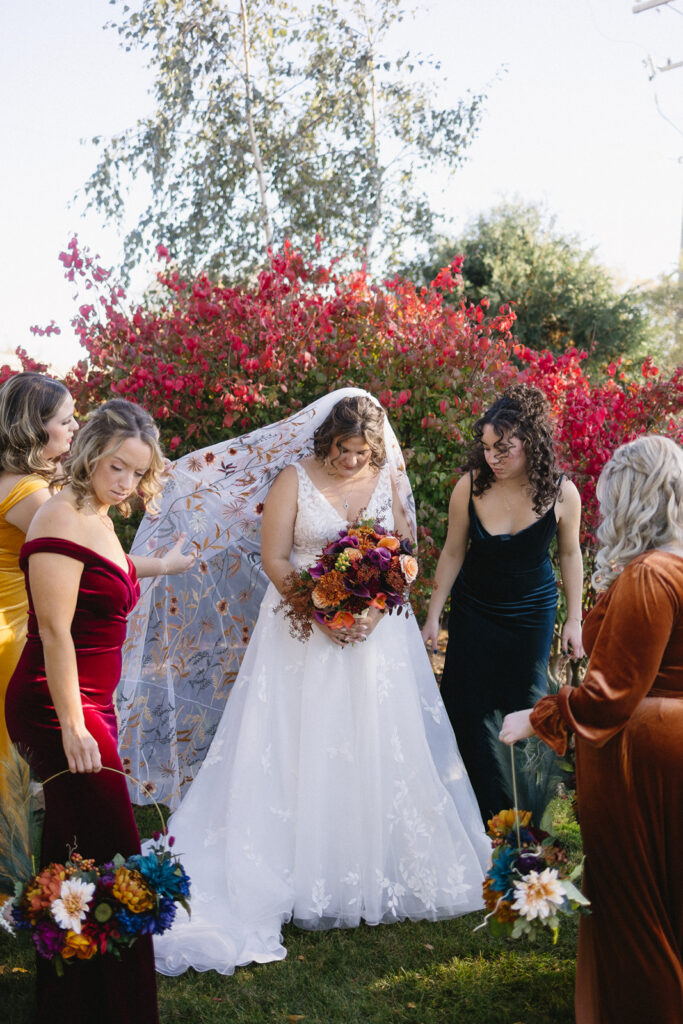 A bride in a white gown and embroidered veil stands with four bridesmaids in vibrant velvet dresses holding bouquets, against a backdrop of red-leaved bushes and trees. The scene is outdoors under a clear sky.