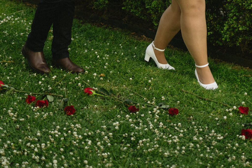 Two people walking on grass scattered with red roses; only their legs are visible. One wears dark pants and brown shoes, the other wears a light dress and white heels. Small white flowers dot the grass around them.